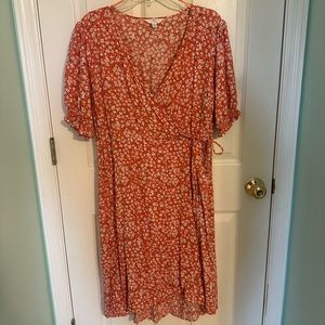 Orange Floral Faux Wrap Dress